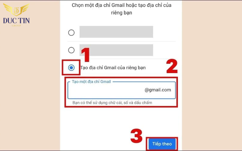 Nhập địa chỉ Gmail độc đáo mà bạn muốn sử dụng 